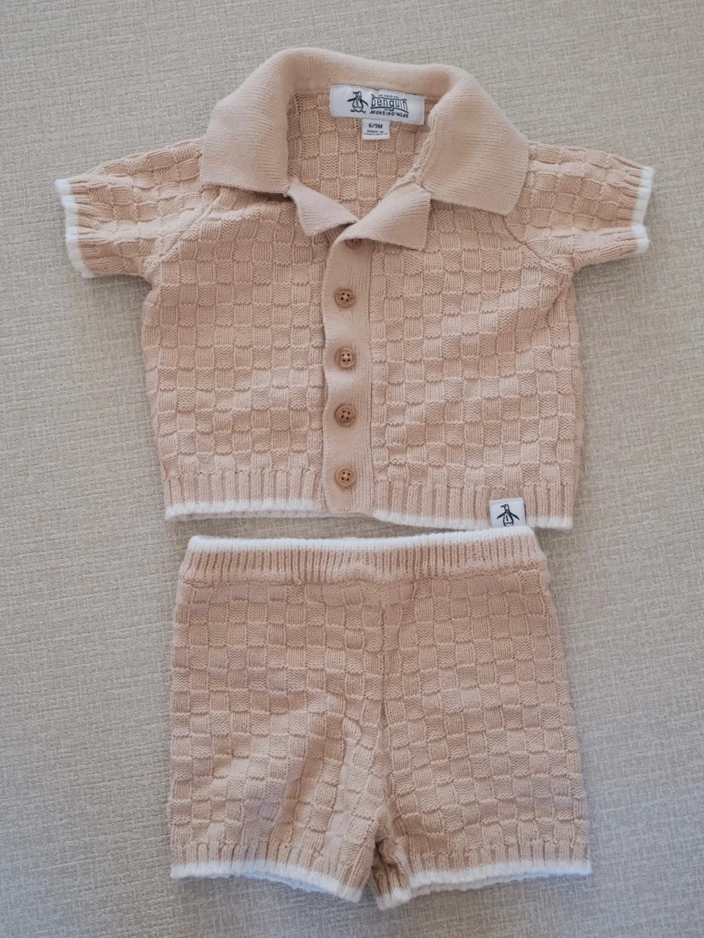 Penguin Kids Beige Knit Polo Top & Shorts Set
